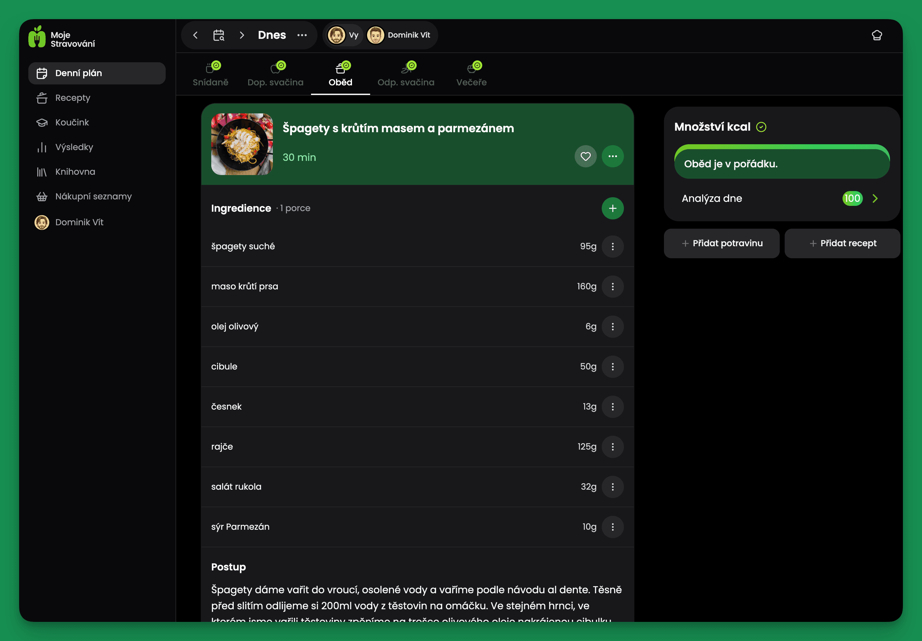 Webová aplikace - denní plán dark mode